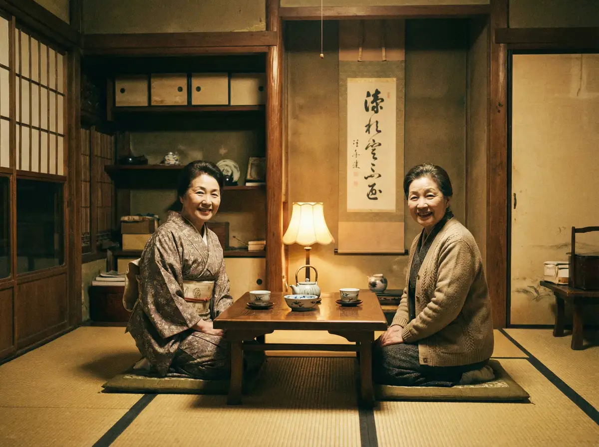 两位优雅的 韩国伦理 在日式茶室中品茶交谈